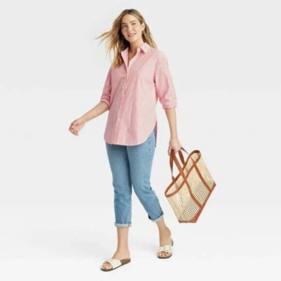 Oversized Long Sleeve Collared Button-Down Shirt - Universal Thread Red XS - Picture 3 of 3